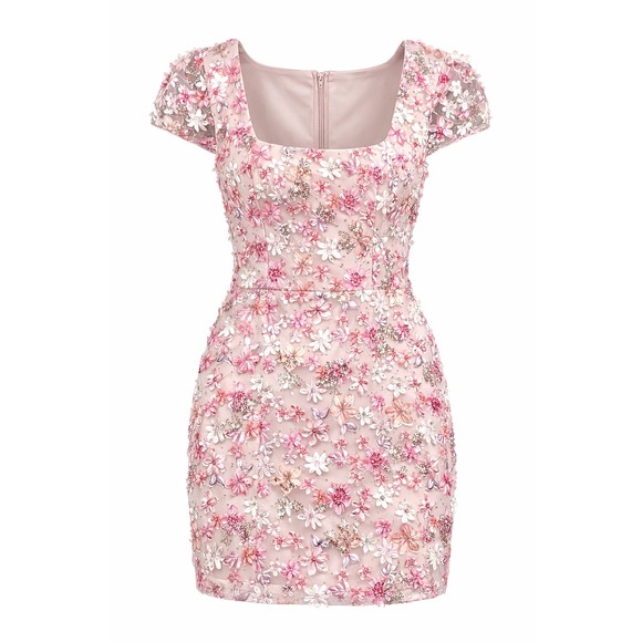 Dress the Population Dresses & Skirts - Dress The Population Pink‎ 3D Floral Sequin Mini Dress Sweetheart Cap Sleeve S